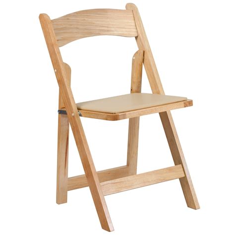 Natural Wood Folding Chair with Tan Vinyl Padded Seat